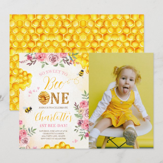 Sweet Bee 1st Birthday Photo Invitation (Front/Back)