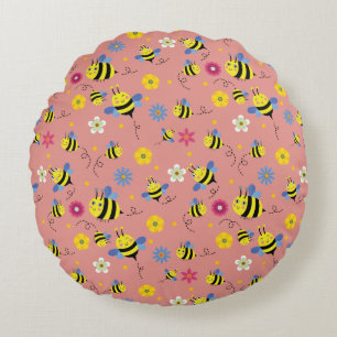 Sweet Bee Blossom Garden Round Cushion