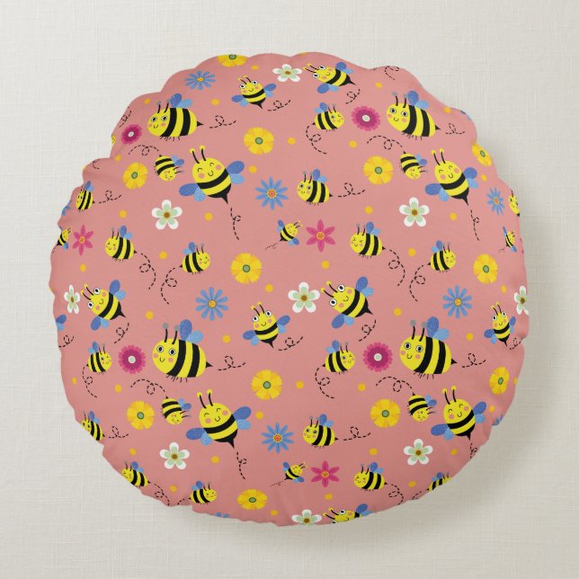 Sweet Bee Blossom Garden Round Cushion (Front)