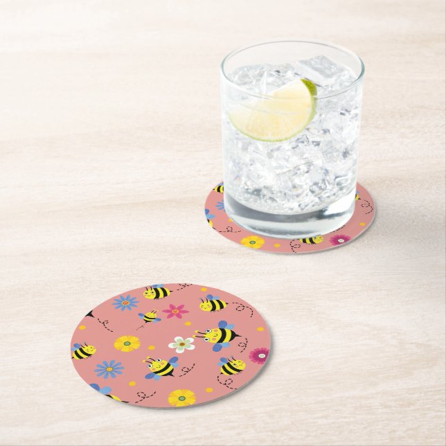 Sweet Bee Blossom Garden Round Paper Coaster (Insitu)