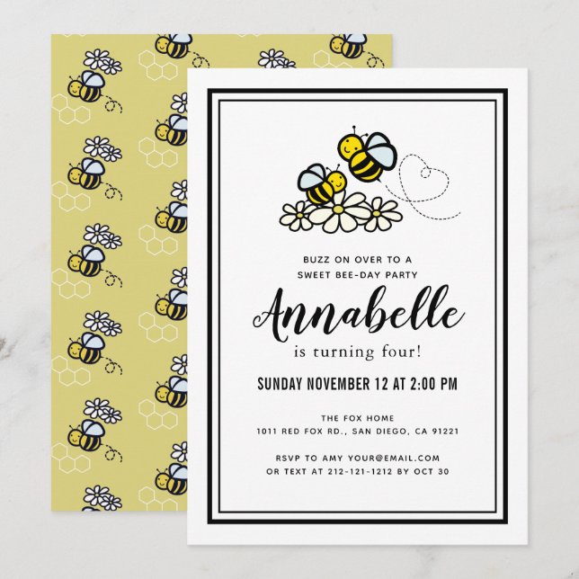 Sweet Bee Day Party Cute Floral Birthday Invitation (Front/Back)
