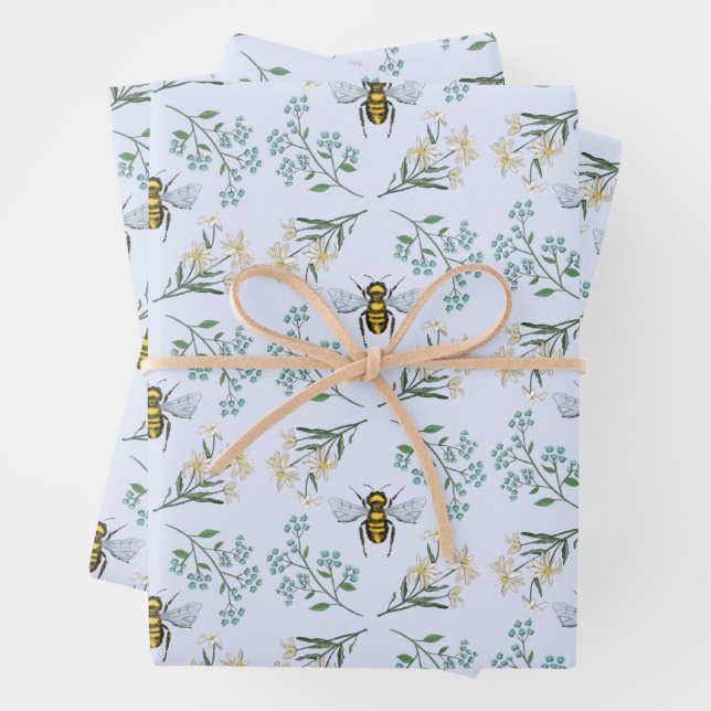 Sweet Bee Floral Flower Girl Baby Shower Wrapping Paper Sheet (In situ)