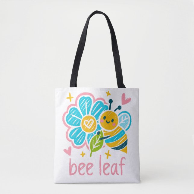 Sweet "Bee Leaf" Crayon Art: Whimsical Bee Tote Bag (Front)