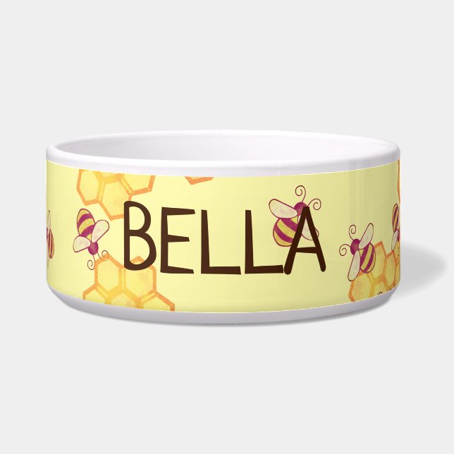 Sweet Bee Yellow Honeycomb Ceramic Pet Bowl (Front)