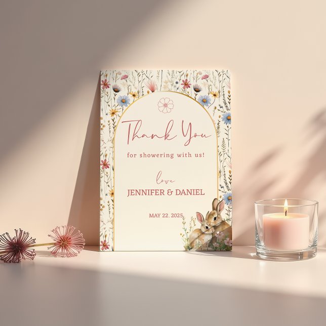 Sweet Beige Bunny Pair Wildflower Baby Shower Thank You Card (Creator Uploaded)