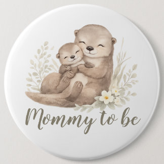 Sweet Beige Watercolor Otter Botanical Mommy To Be 6 Cm Round Badge