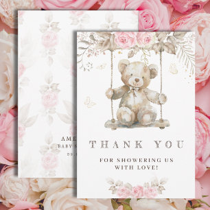 Sweet Beige Watercolor Teddy Bear Pink Flora Thank You Card