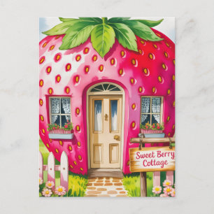 Sweet Berry Cottage" Whimsical Strawberry House Postcard
