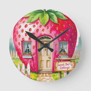 Sweet Berry Cottage" Whimsical Strawberry House Round Clock