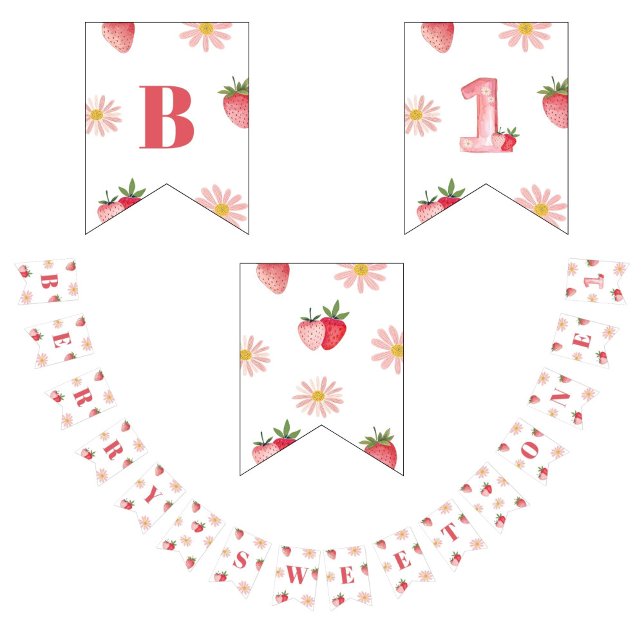 Sweet Berry First Birthday Pastel Pink Red Floral Bunting (Creator Uploaded)