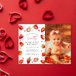 Sweet Berry First Birthday Photo Party Postcard<br><div class="desc">Looking to throw a memorable first birthday party for your little princess? Look no further than these darling postcards! Featuring your favourite photo, a colourful array of watercolor strawberries and hearts in gorgeous shades of red and pink, paired with a sleek modern invitation template, these invites are the perfect way...</div>