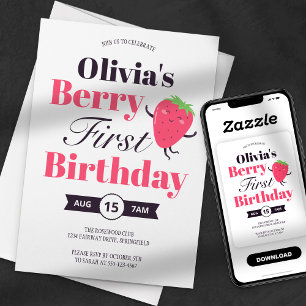 Sweet Berry First Strawberry Birthday Party Invitation