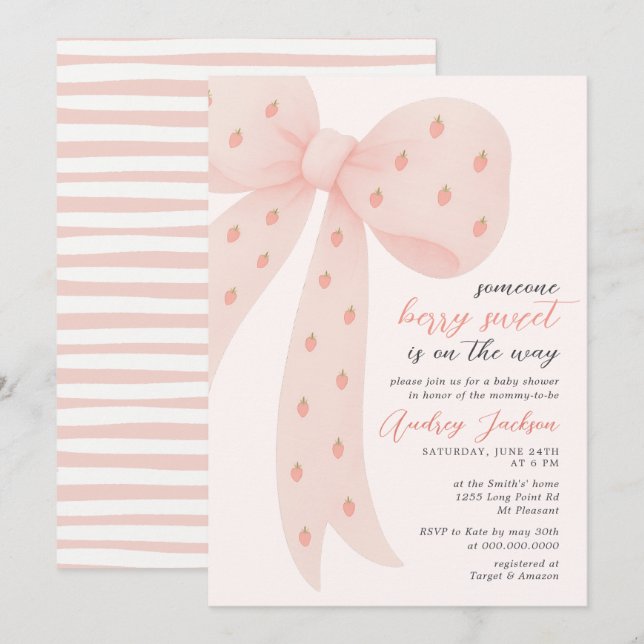 Sweet Berry Girl Pink Coquette Bow Baby Shower  Invitation (Front/Back)