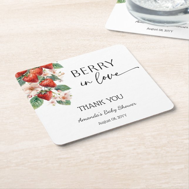 Sweet Berry in Love Strawberry Bridal Shower Square Paper Coaster (Angled)