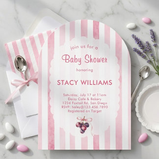 Sweet Berry Pink Stripe Watercolor Arch Baby girl Invitation