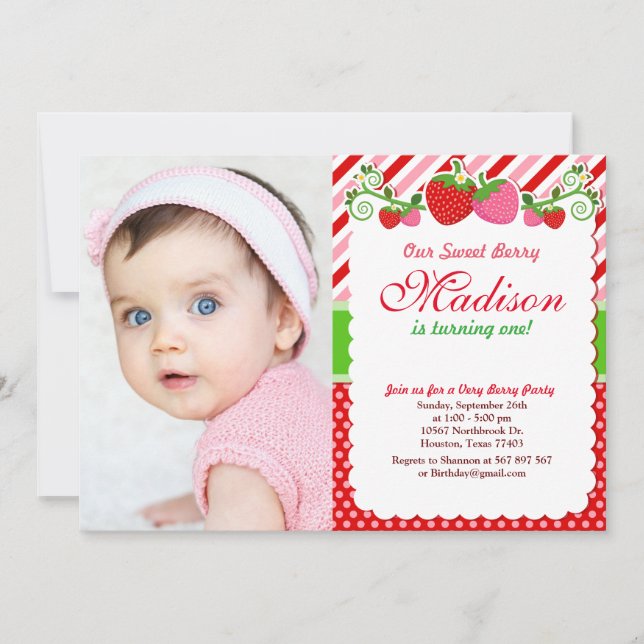 Sweet Berry Strawberry Birthday Photo Invitation (Front)