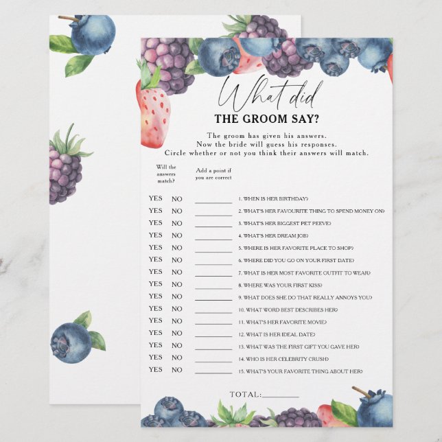 Sweet berry - What did the groom say bridal game (Front/Back)