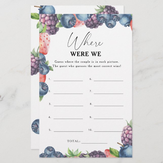 Sweet berry - Where were we bridal shower game (Front/Back)