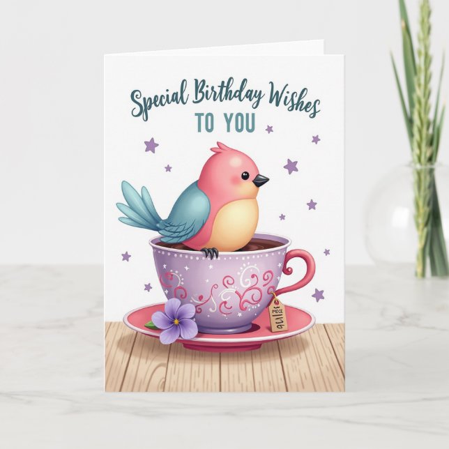 Sweet Bird Teacup Birthday Card (Front)