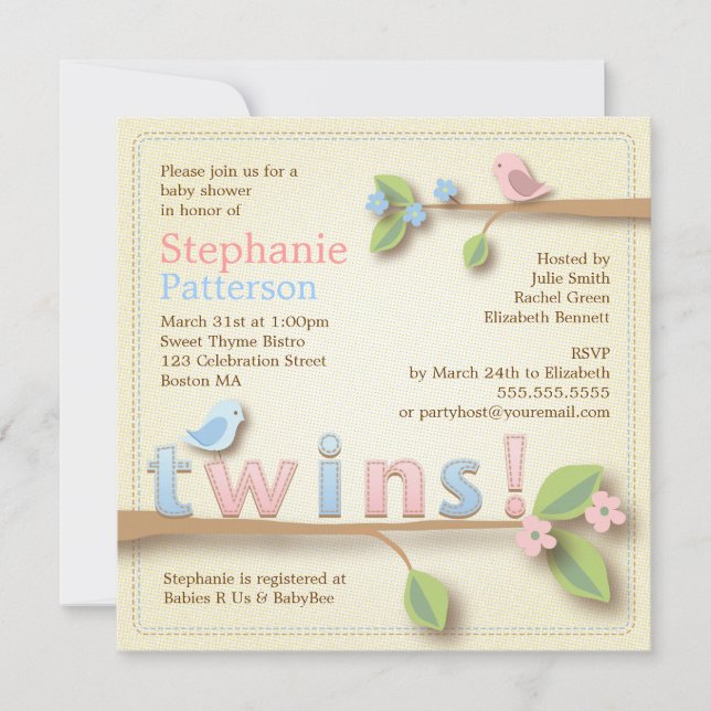 Sweet Birdie Twin Boy Girl Baby Shower Invitation (Front)