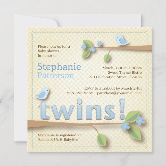 Sweet Birdie Twin Boys Blue Baby Shower Invitation (Front)