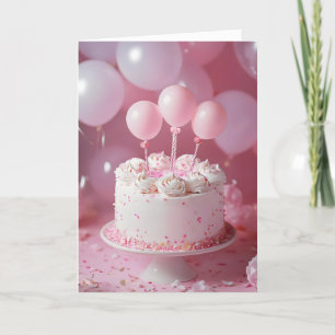 Sweet Birthday Cake Pink Balloons Holiday Card
