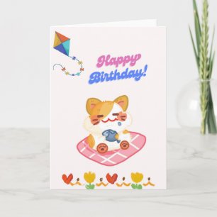 Sweet birthday card with cat, fish & kite  