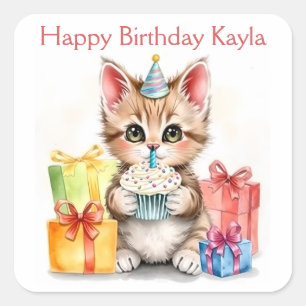 Sweet Birthday Kitten Colorful Personalized Square Sticker