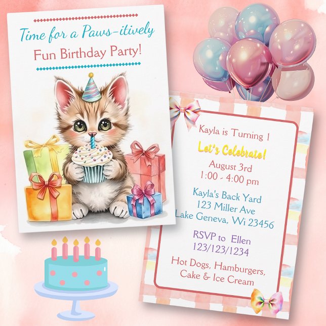 Sweet Birthday Kitten Colourful Invitation (Creator Uploaded)