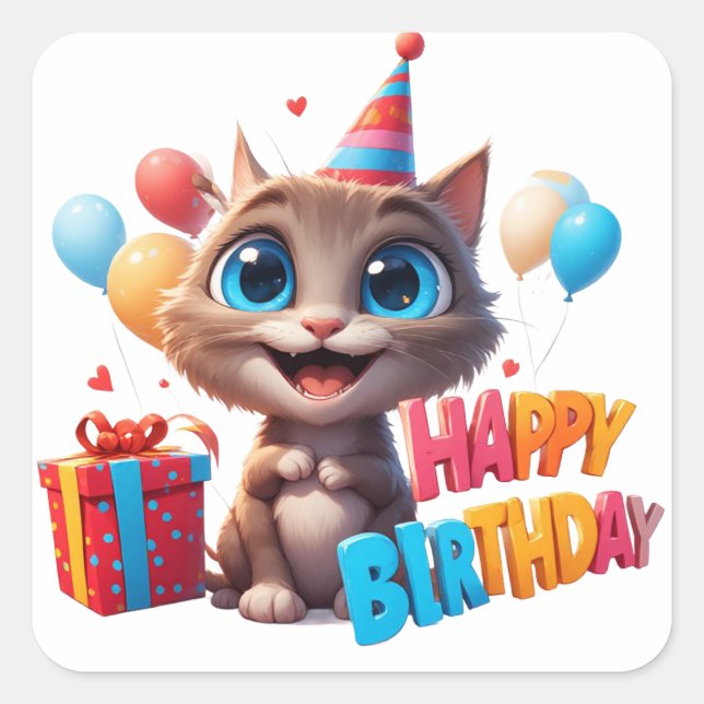 Sweet Birthday Kitty With Gift Box 🐱 Square Sticker (Front)