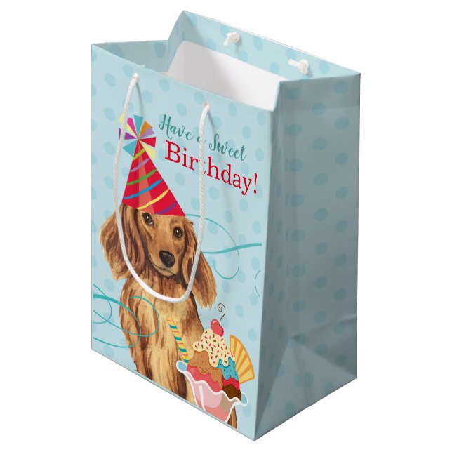 Sweet Birthday Longhaired Dachshund Medium Gift Bag (Front Angled)