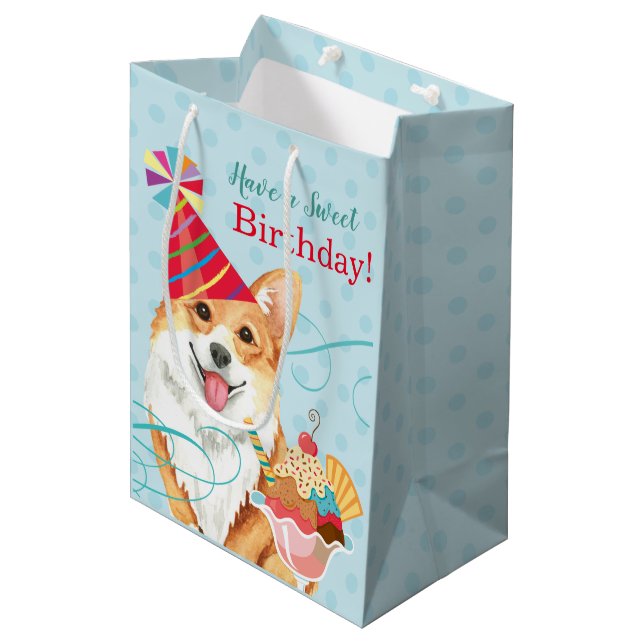Sweet Birthday Pembroke Welsh Corgi Medium Gift Bag (Front Angled)