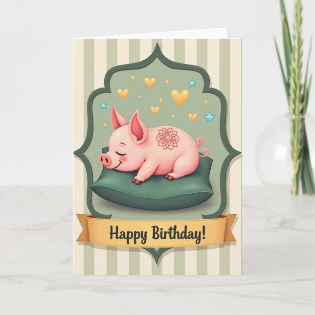 Sweet Birthday Sleeping Pig Card (Front)
