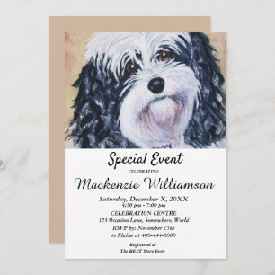 SWEET BLACK AND WHITE PUPPY WISHES HAPPY BIRTHDAY INVITATION