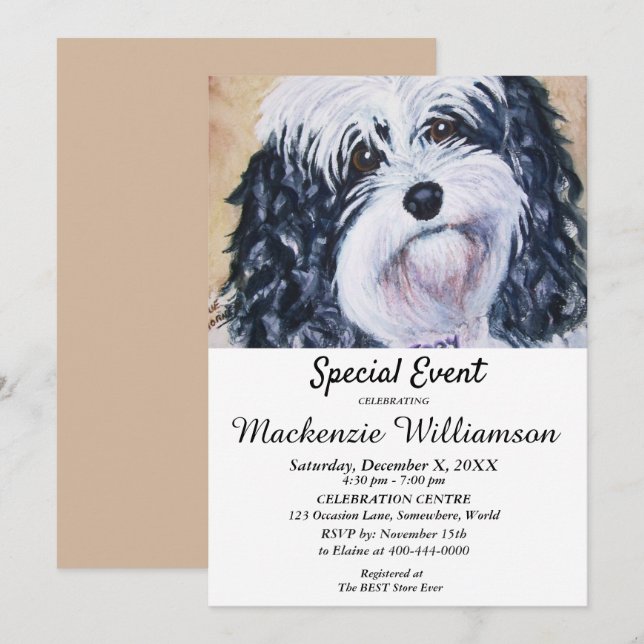 SWEET BLACK AND WHITE PUPPY WISHES HAPPY BIRTHDAY INVITATION (Front/Back)