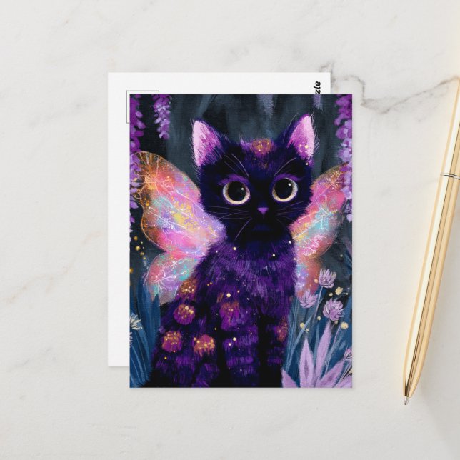 Sweet Black Cat Fairy Postcard (Front/Back In Situ)