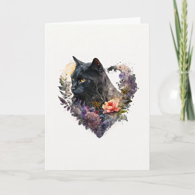 Sweet Black Cat in Purple Flowers Valentine's Day Holiday Card (Front)