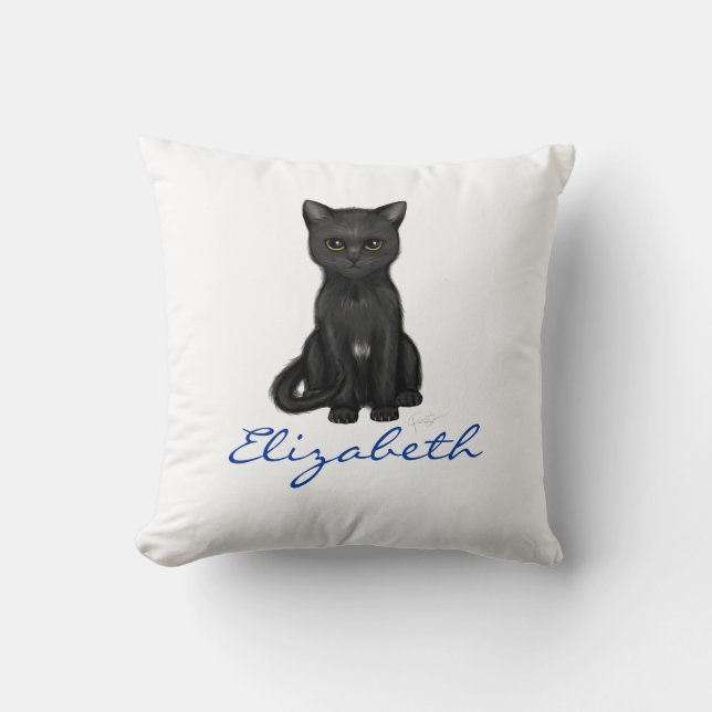 Sweet Black Cat w/Golden Eyes - Blue Custom Name Cushion (Front)