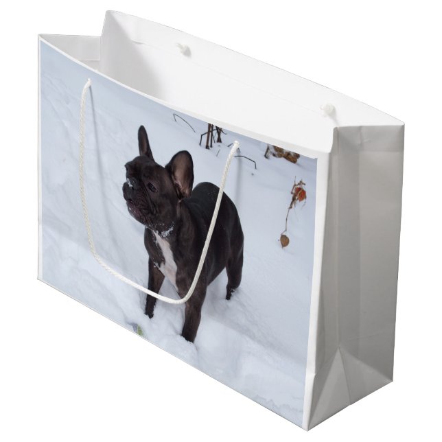 Sweet Black French Bulldog Likes Snow Large Gift Bag (Front Angled)
