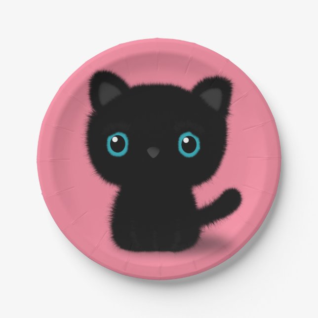 Sweet Black kitten on pastel pink Paper Plate (Front)