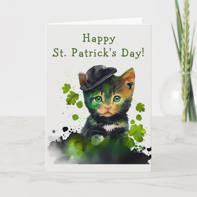 Sweet Black Kitten on St. Patrick's Day Holiday Card (Front)