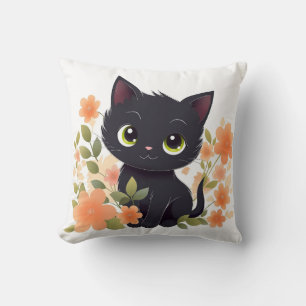 Sweet Black Kitten with Flowers Kawaii Chibi Cushion