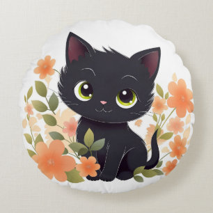 Sweet Black Kitten with Flowers Kawaii Chibi Round Cushion