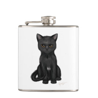 Sweet Black Kitty Cat with Bright Golden Eyes Hip Flask