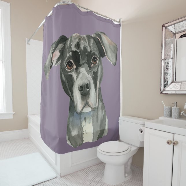 Sweet Black Pit Bull Dog Watercolor Portrait Shower Curtain (In Situ)