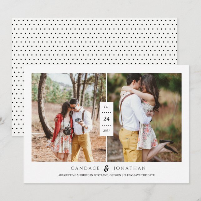 Sweet Black & White Dots Two-Photo Save the Date Invitation (Front/Back)