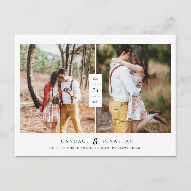 Sweet Black & White Modern Two-Photo Save the Date Announcement Postcard (Front)