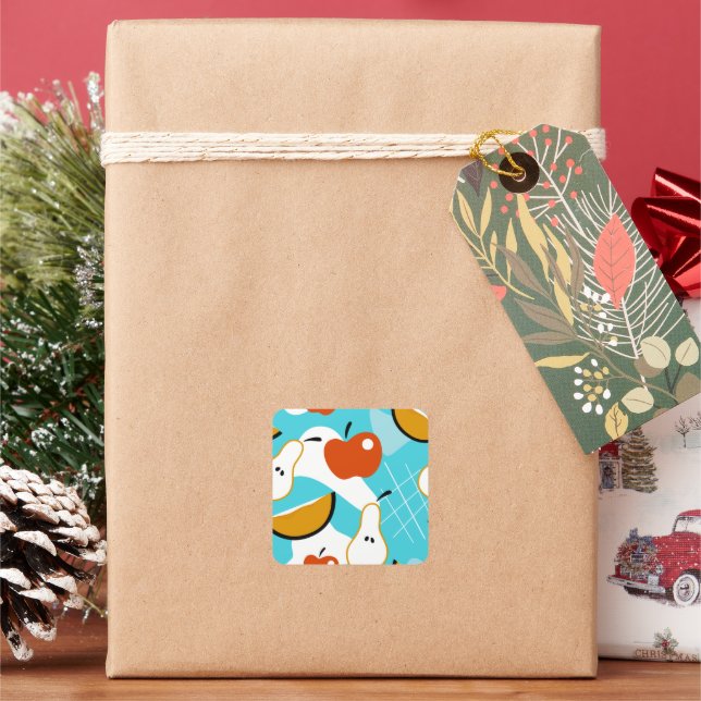 Sweet Blue Abstract Pear Apple Orange Fruit Square Sticker (Holiday)
