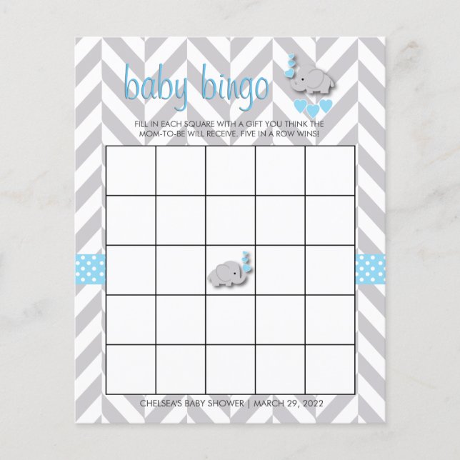 Sweet Blue and Grey Elephant Baby Shower Bingo (Front)