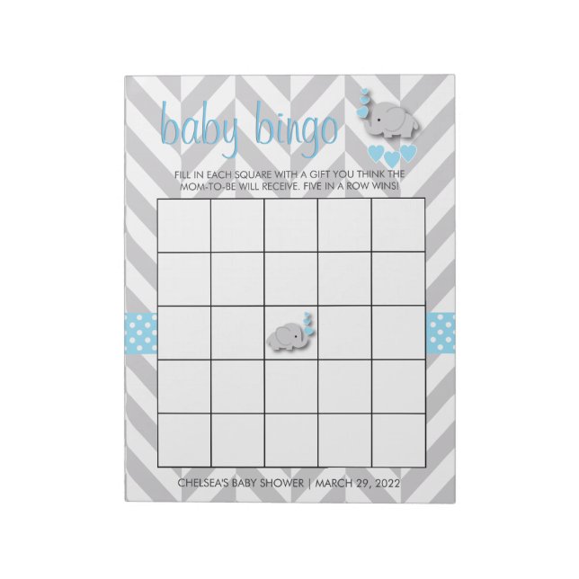 Sweet Blue and Grey Elephant Baby Shower Bingo Notepad (Rotated)